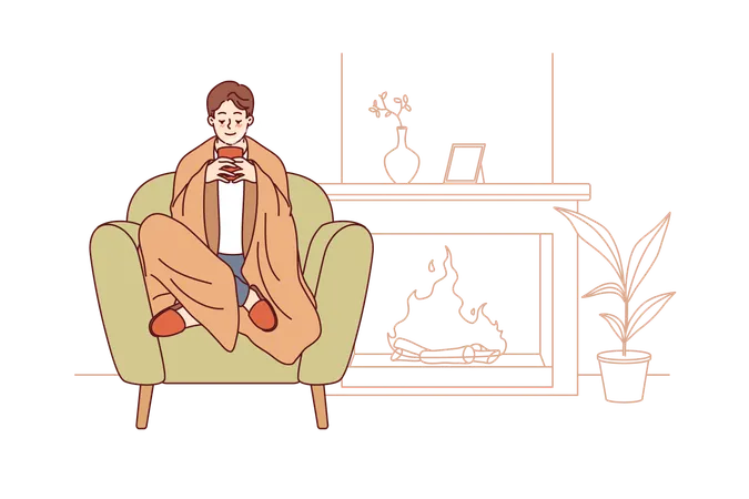 Man feels comfort and harmony sitting by fireplace with blanket on shoulders and cup of hot coffee  Illustration