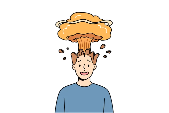 Man feels explosion in head due to brain overload with data and lack of information hygiene  Illustration