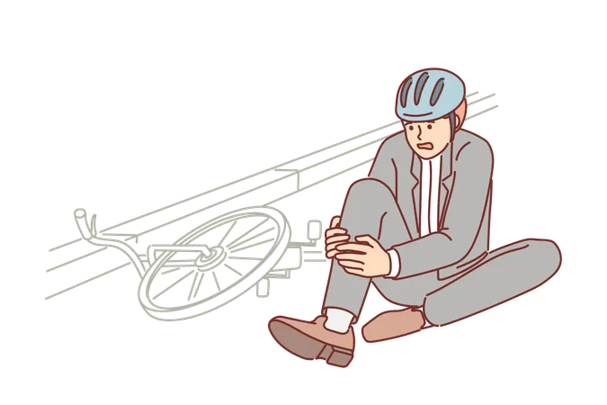 Man Fell From Bicycle And Broke Leg While Commuting And Is Sitting On Ground Waiting For Doctor Guy Office Worker Got Into Accident On Bicycle Due To Non Compliance With Safety Regulations Illustration