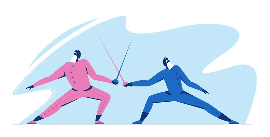 Athlete Man Fencing Duel Competition Sportsman In Battle With Sword Fighting In Blue And Pink Color Asian And Olympic Game Vector Illustration Illustration