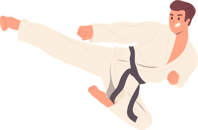 Man fighter wearing kimono jumping in attacking with kick  Illustration