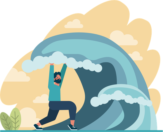 Man fighting with ocean waves  Illustration