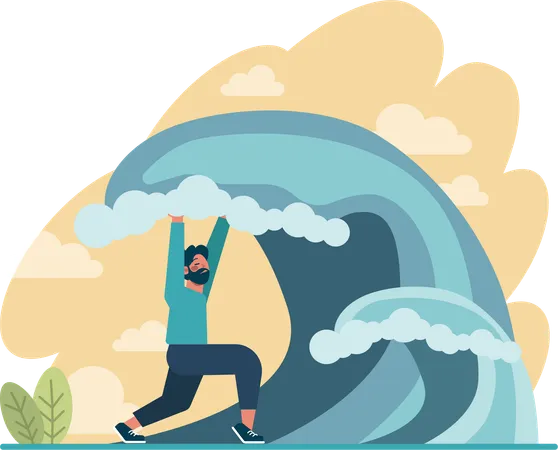 Man fighting with ocean waves  Illustration