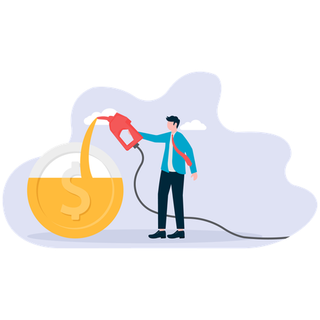 Man fill coins with fuel pumps whose wiresm a rising graph  Illustration
