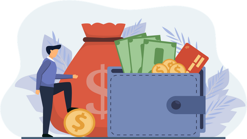 Man filling up currency in his wallet  Illustration