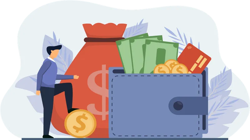 Man filling up currency in his wallet  Illustration