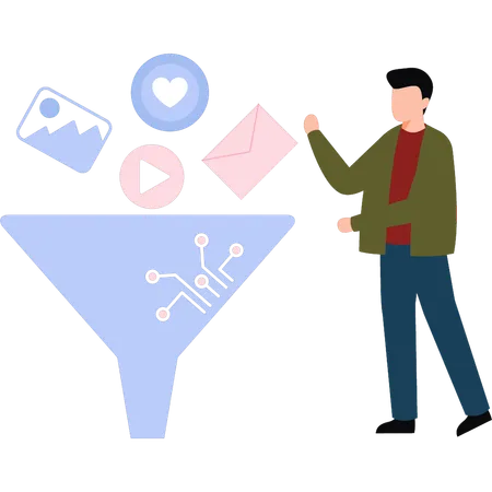 Man filtering data through a funnel  イラスト