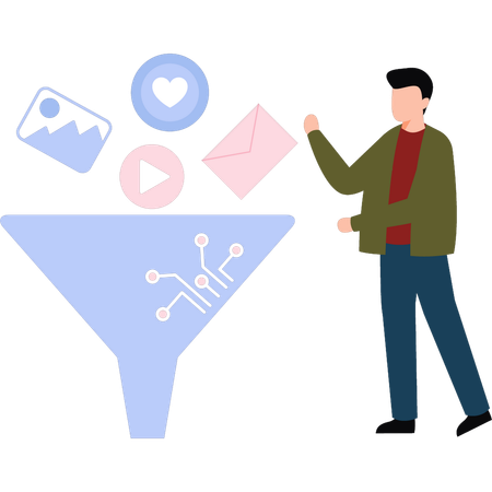 Man filtering data through a funnel  Illustration