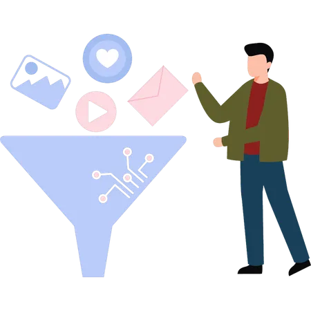 Man filtering data through a funnel  Illustration