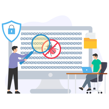 Man find buy using magnifying glass while Solving Error  Illustration