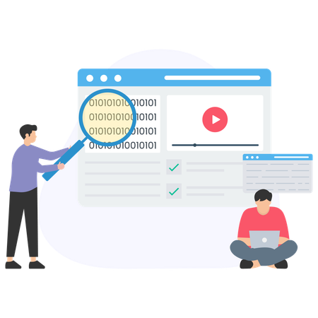 Man finding binary code while taking Online Lecture  Illustration