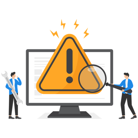 Man finding computer alert using magnifying glass  Illustration