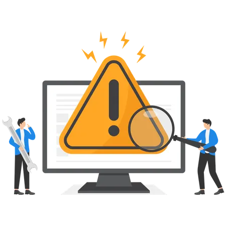 Man finding computer alert using magnifying glass  Illustration