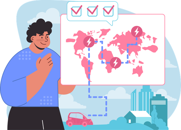 Man finding electric car location  Illustration