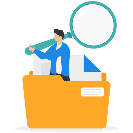 Man finding file from folder using magnifying glass  Illustration