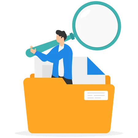 Man finding file from folder using magnifying glass  Illustration
