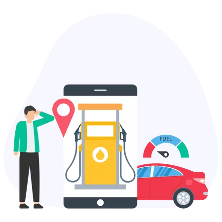 Man finding gas station location on mobile app  Illustration