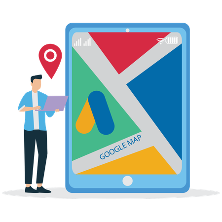 Man finding google location on laptop  Illustration