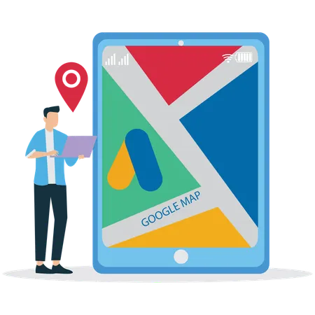 Man finding google location on laptop  Illustration