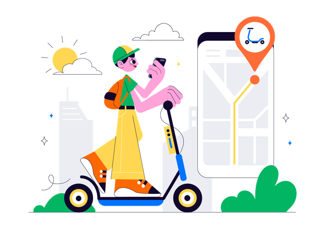 Man finding location for Electric Scooter Rental Service  Illustration