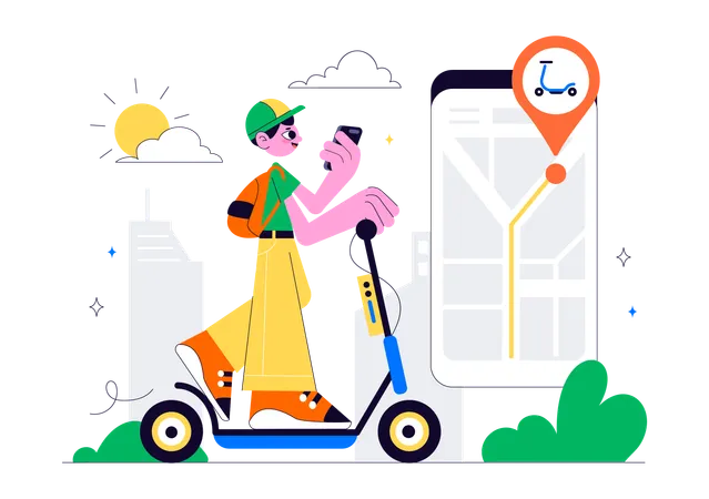 Man finding location for Electric Scooter Rental Service  Illustration