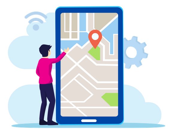 Man finding navigation through mobile map  Illustration