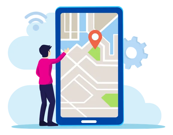 Man finding navigation through mobile map  Illustration