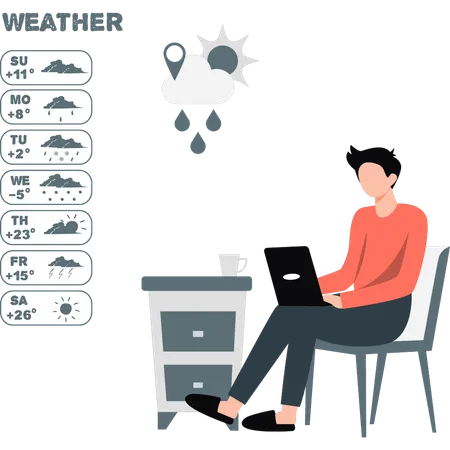 Man finding weather location on laptop  Illustration
