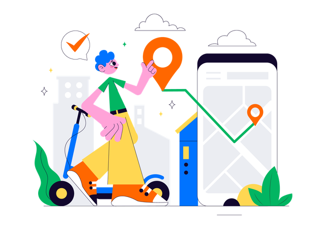 Man finds location for Electric Scooter Rental Service  Illustration