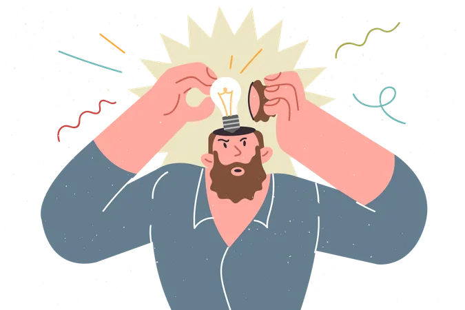 Man Finds New Idea Thanks To Brainstorming And Thinking About Solve Problem Standing With Light Bulb Inside Head Guy In Pajamas Came Up With Way Out Difficult Situation Or Idea For Starting Business Illustration