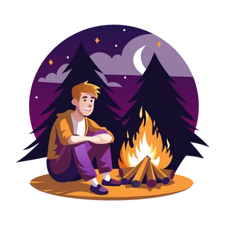 Man fire heating in forest under starry night  Illustration