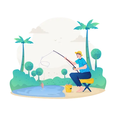 Flat Illustration Design Of A Man Getting Fish During Summer Fishing Illustration