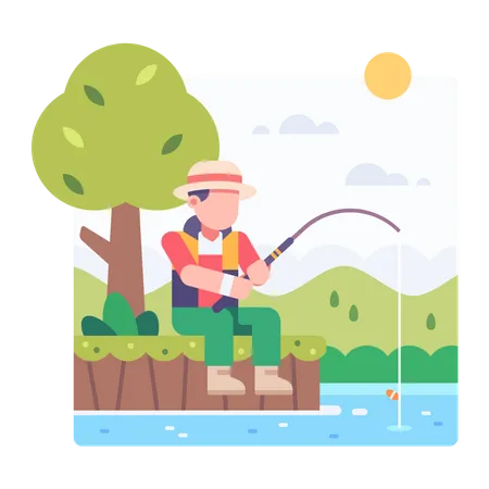 Man fishing at the pond Illustration