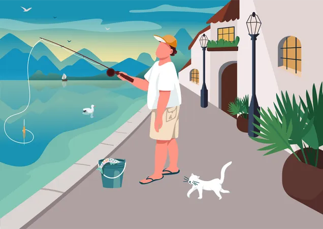Man fishing at waterfront area Illustration
