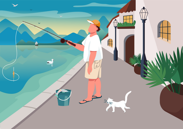 Man fishing at waterfront area  Illustration