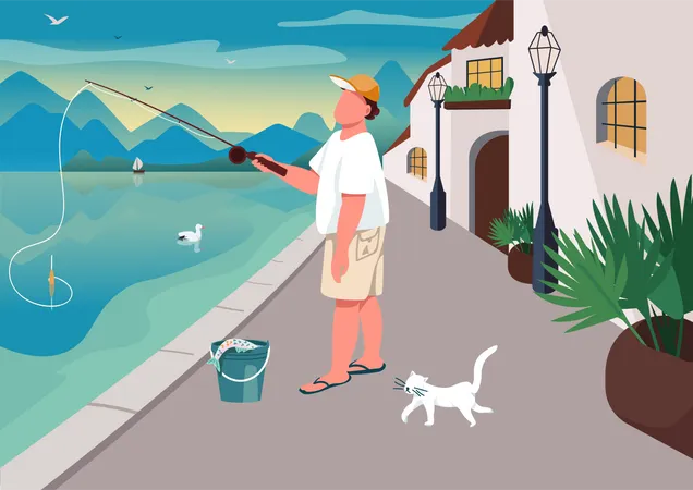 Man fishing at waterfront area  Illustration