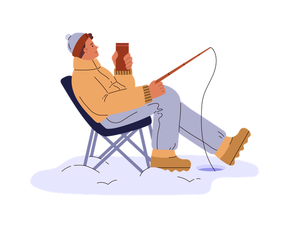 Man fishing in ice hole and drinking hot drink  Illustration