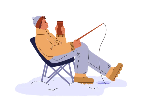 Man fishing in ice hole and drinking hot drink  Illustration