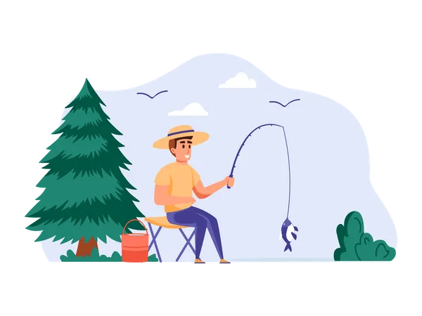 Man fishing in lake  Illustration