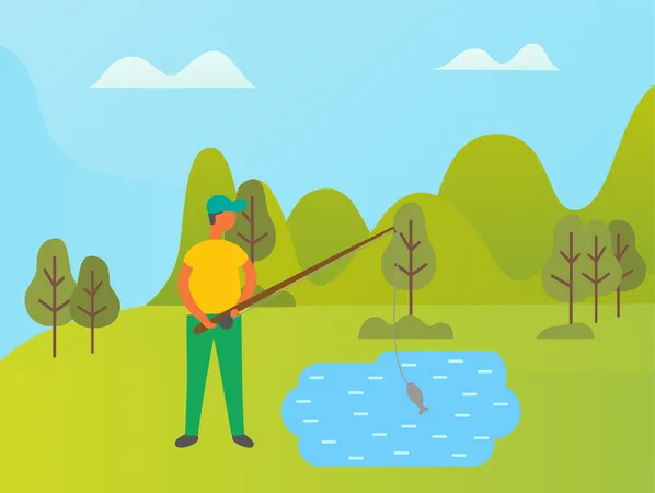 Man fishing in Park  Illustration