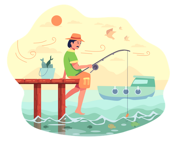 Man Fishing in sea Illustration