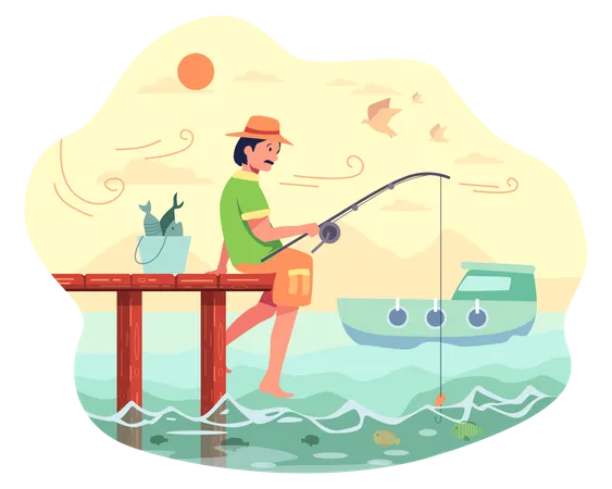 Man Fishing in sea  Illustration