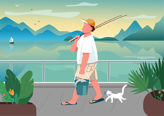 Man fishing rod at waterfront area Illustration