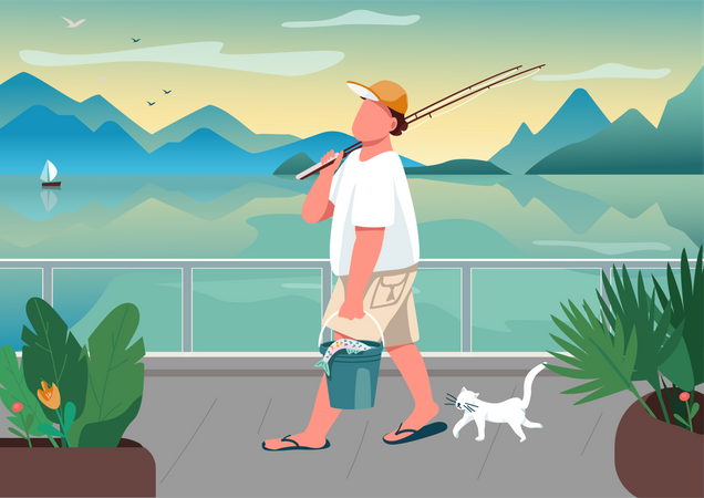 Man fishing rod at waterfront area  Illustration