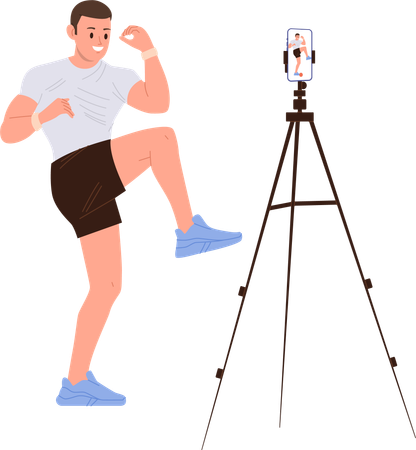 Man fitness trainer streaming video cardio workout on internet via smartphone  Illustration