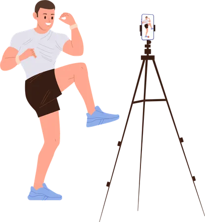 Man fitness trainer streaming video cardio workout on internet via smartphone  Illustration