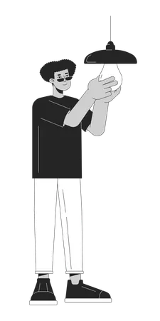 Energy Efficient Lighting Option Black And White Cartoon Flat Illustration Latino Guy 2 D Lineart Character Isolated Lowering Utility Bills Saving Energy Fix Lamp Monochrome Vector Outline Image イラスト