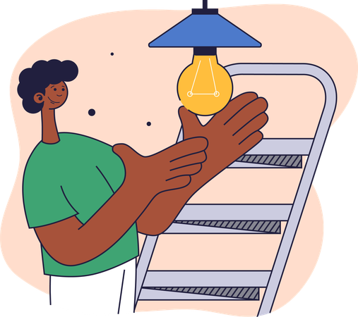 Man fixes electric bulb  Illustration