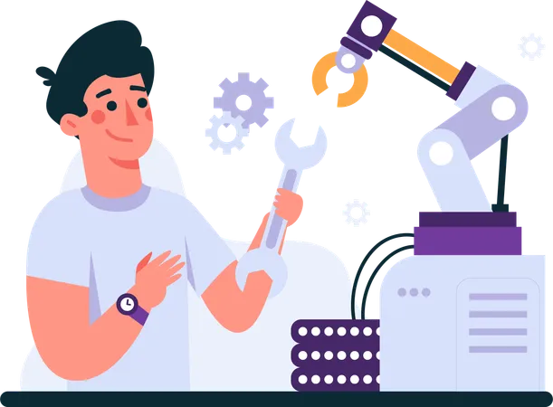 Man Fixes Robot These Illustration Can Depict Robots Performing Tasks Such As Automation In Manufacturing Assisting Humans In Various Industries The Emphasis Is On Highlighting The Potential For AI To Revolutionize Technology And Human Life Often With A Sense Of Innovation And Progress Illustration