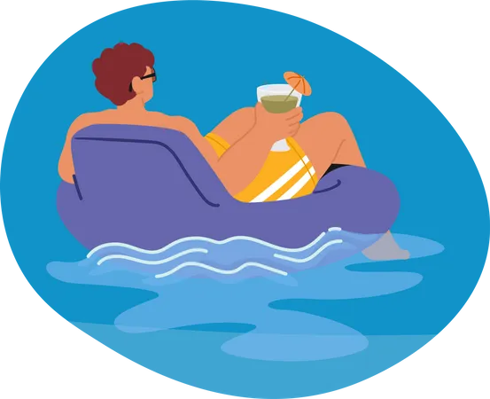 Relaxed Man Enjoying A Refreshing Cocktail While Floating On An Inflatable Ring In A Pool Or Beach Setting Male Character On Summer Vacation Cartoon People Vector Illustration Illustration